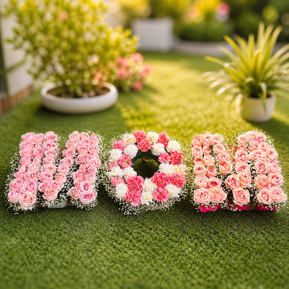 MOM floral arrangement with pink roses and carnations for Mother’s Day outdoor setup