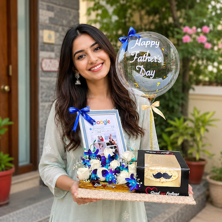 Dad Love Celebration Basket with white roses, blue orchids, personalized 5x7 photo frame, bobo balloon and butterscotch cake by Send My Feelings.