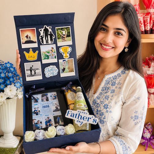 Dad Treasure Box featuring personalized photo collage frame, Ferrero Rocher chocolates, basil seed drink, artificial roses and premium magnetic gift box by Send My Feelings.