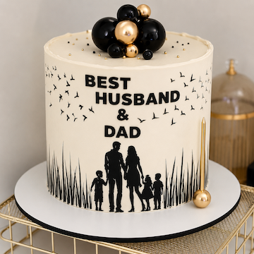 Family Love Cake featuring a 1 kg chocolate cake with best husband and dad theme, family silhouette design and elegant black gold decorations by Send My Feelings.