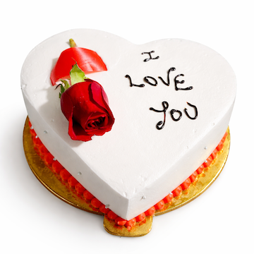 Heart shaped vanilla cream cake with fresh red rose and I Love You message, romantic Valentine cake gift