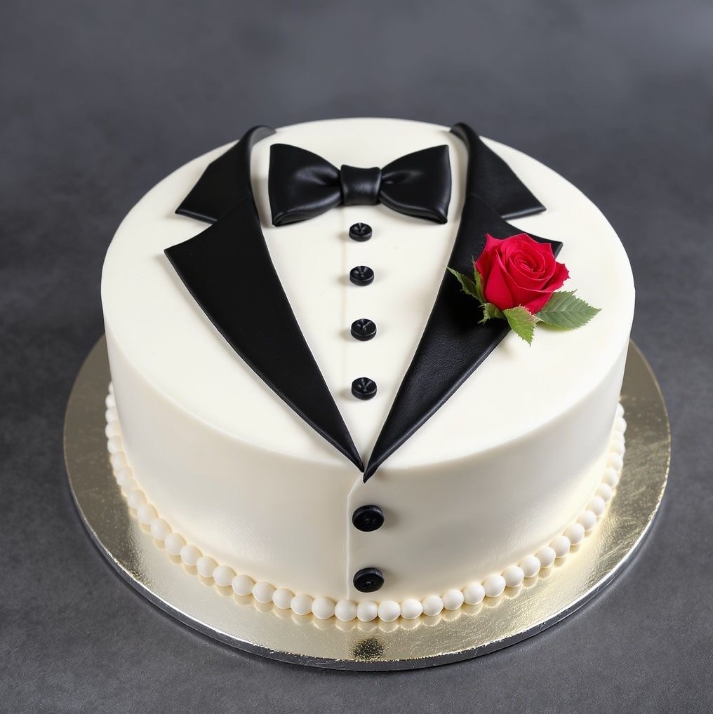 Gentleman Cake featuring a 1 kg Black Forest cake with elegant tuxedo design, black bow tie decoration and rose accent by Send My Feelings.