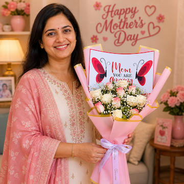 Pink and white roses bouquet with Mom You Are Amazing card for Mother’s Day