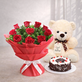 10 red roses bouquet with teddy bear and black forest cake gift combo