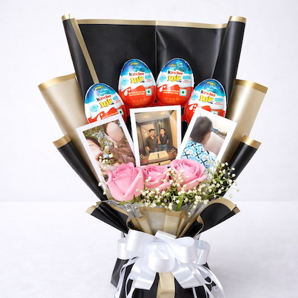 Chocolate photo bouquet with 4 Kinder Joy, 3 personalized photo prints, and 3 pink roses wrapped in premium black and gold paper, perfect for birthdays, anniversaries, and romantic gifting.
