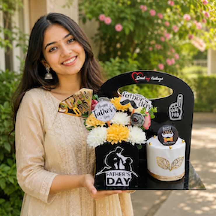 Best Dad Celebration Hamper with Ferrero Rocher chocolates, Fathers Day mug, pista, biscuits, balloons and themed decorations by Send My Feelings.