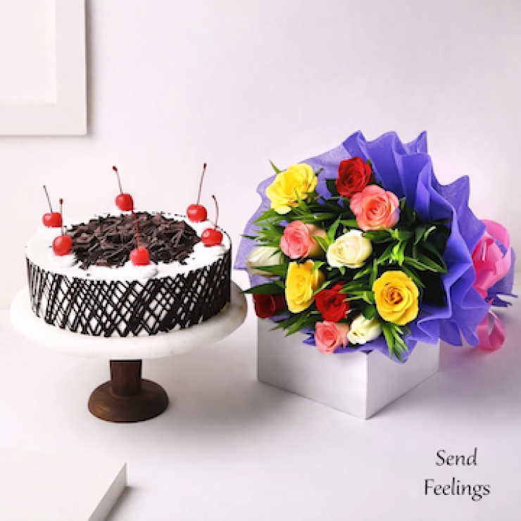 Mixed roses bouquet in purple paper with black forest cake celebration gift combo