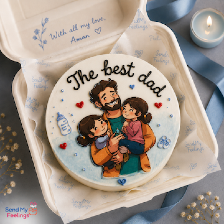 addy and Daughters Bento Cake featuring a 350 g red vanilla cake with paper cutout of two girls and their dad, heart decorations and premium bento finish by Send My Feelings.