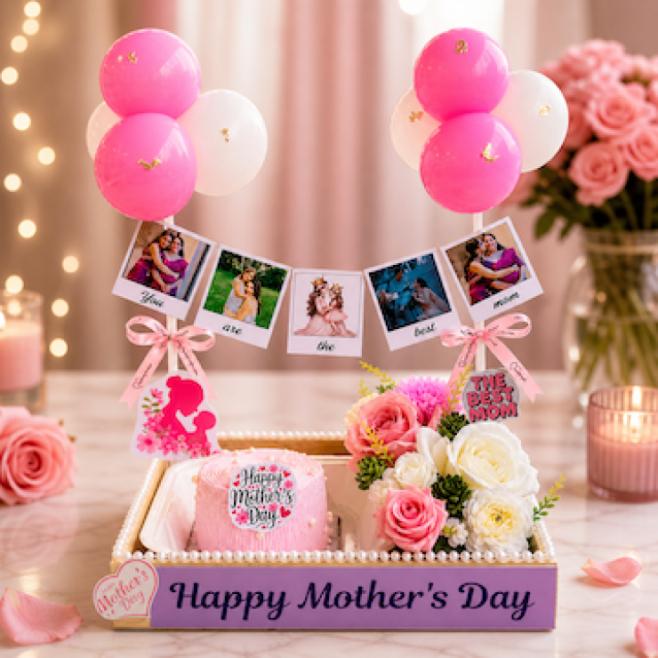 Mother’s Day basket with bento cake, roses, photos and balloon decoration for mom