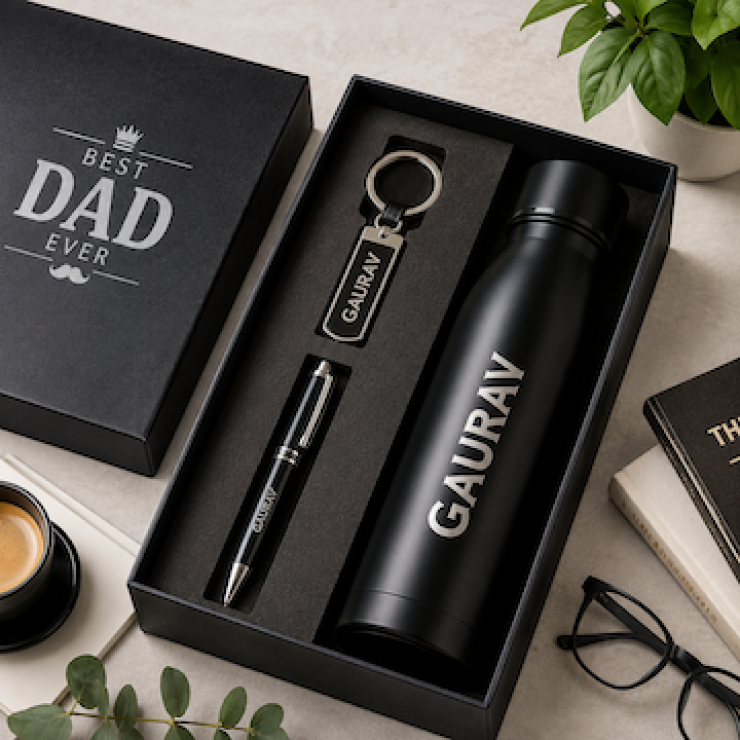 Executive Essentials Gift Set featuring a personalized black stainless steel bottle, metal keychain, premium pen and luxury gift box by Send My Feelings.