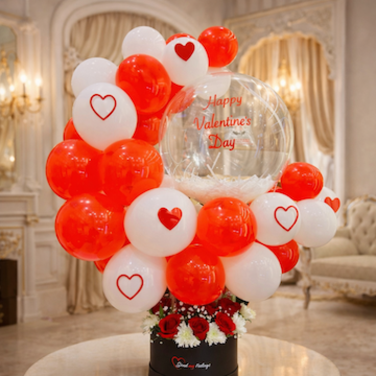 black round flower box with red roses and white daisies topped with red and white balloon cluster and valentine bobo balloon romantic gift hamper by Send My Feelings