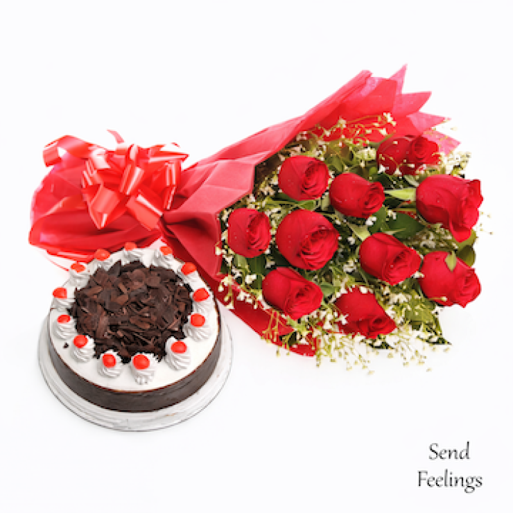 10 red roses bouquet with black forest cake romantic gift combo