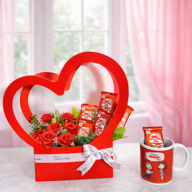 Red heart proposal combo with KitKat chocolates, fresh red roses, proposal mug and greenery