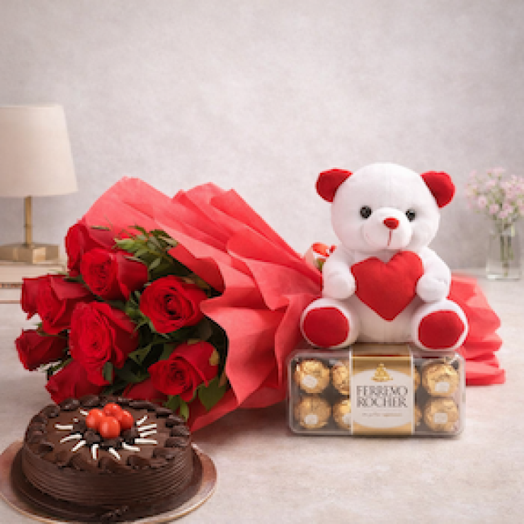 Red roses bouquet with teddy bear, Ferrero Rocher chocolates, and chocolate cake gift combo