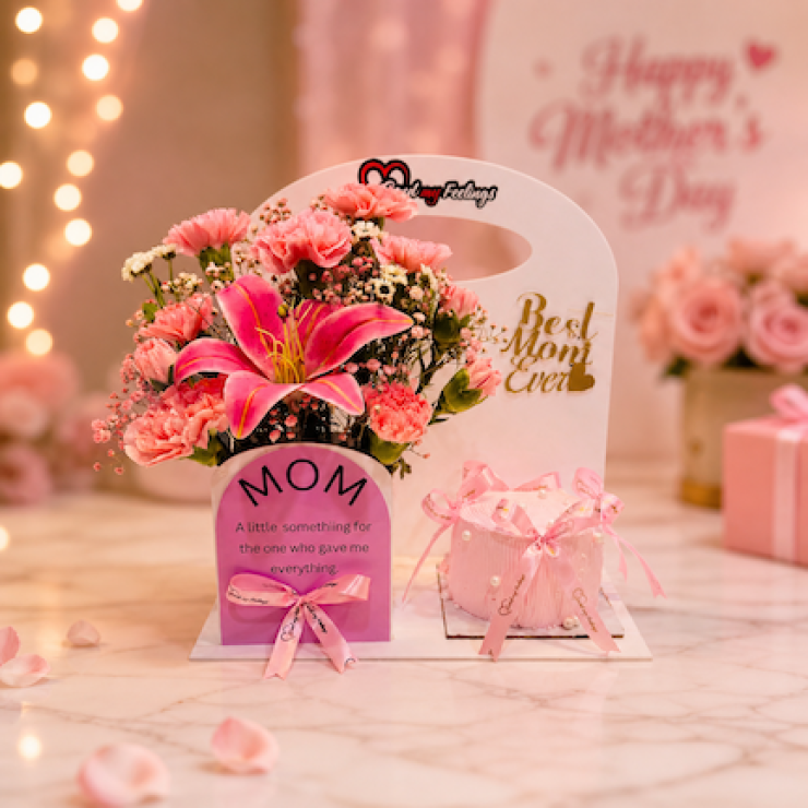 Mother’s Day combo with pink lily flowers and cake in elegant blush theme gift setup