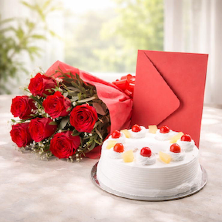 Red rose bouquet with white cream cake and love greeting card combo