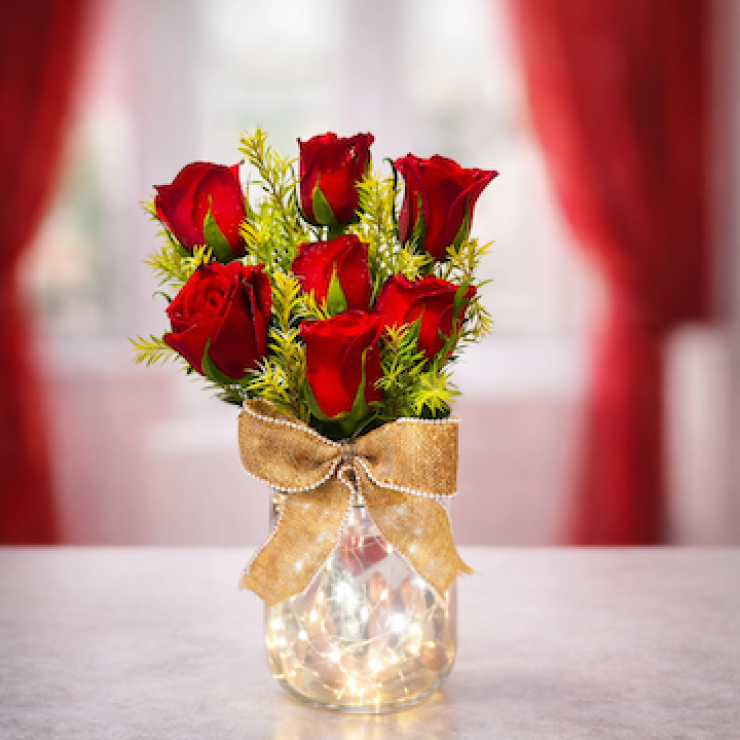 Seven red roses arranged in a glass vase with LED lights and jute ribbon, romantic décor gift