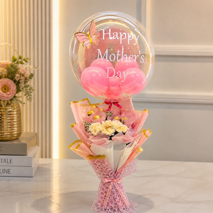 Mother’s Day balloon bouquet with flowers, Ferrero chocolates and custom bobo balloon