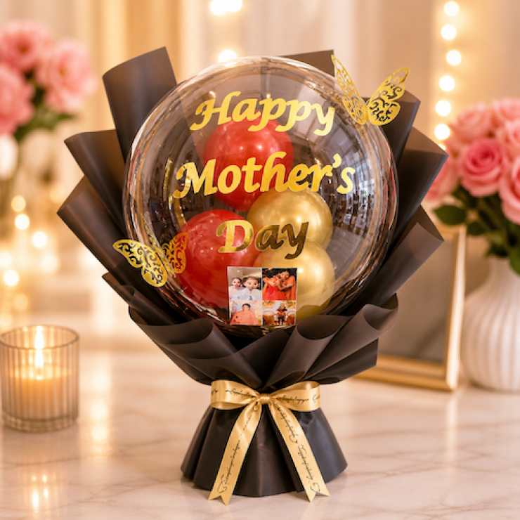 Transparent Mother’s Day balloon bouquet with gold text, photos and premium black wrapping