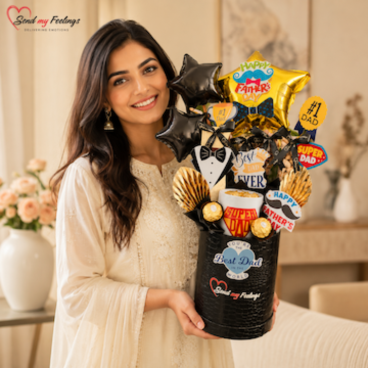 Super Dad Celebration Hamper with Ferrero Rocher chocolates, Fathers Day mug, pista, biscuits, themed balloons and decorative gift box by Send My Feelings.