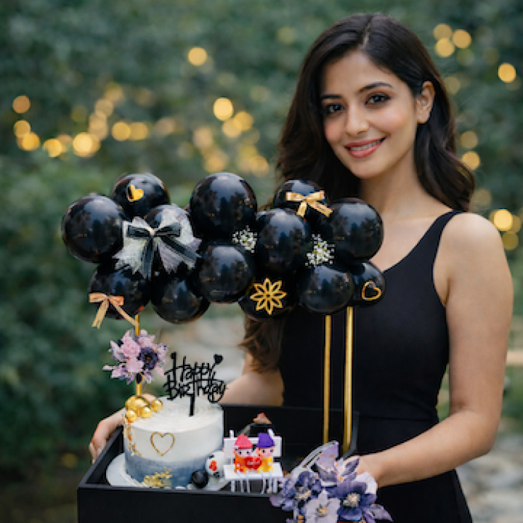 The Luxe Hamper featuring fruit cake, couple miniature, black balloons and luxury birthday decoration in black MDF basket