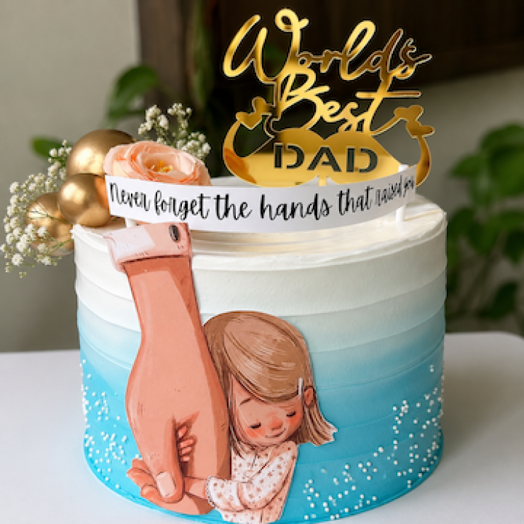 World Best Dad Cake with Fathers Day theme decoration, acrylic topper and elegant designer finish by Send My Feelings.