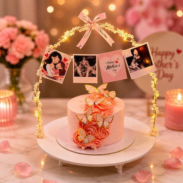 Elegant pink Mother’s Day cake with pearl decoration and butterfly toppers in soft lighting setup