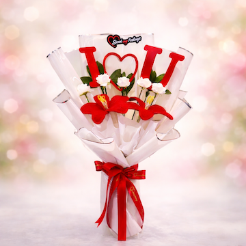 Crochet lily and white artificial rose bouquet with I Love You sticker in pink wrapping