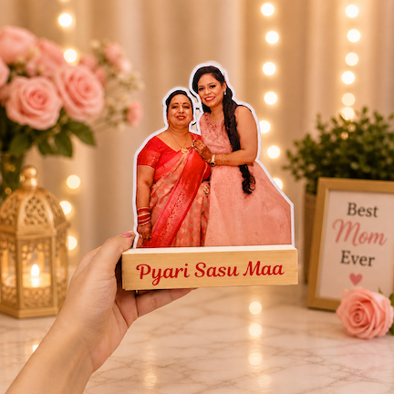 Personalized wooden photo standee gift for Sasu Maa with custom print and base