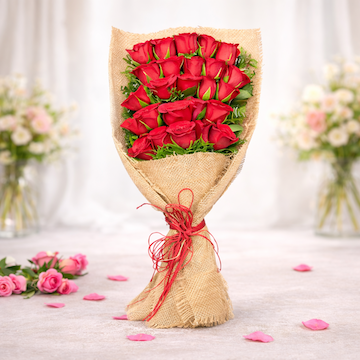 25 red roses bouquet wrapped in jute packing tied with red raffia rustic romantic flower gift