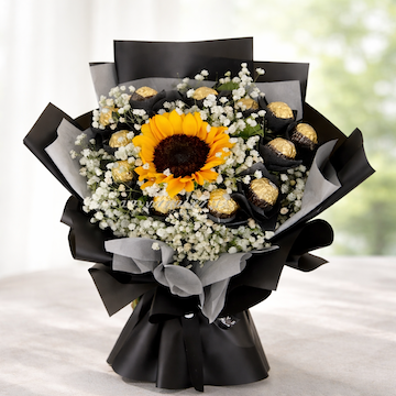 Ferrero Rocher chocolate bouquet with sunflower and baby’s breath in black wrap