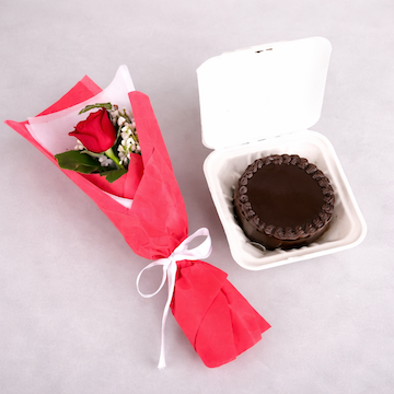 single red rose bouquet wrapped in red white paper with chocolate bento cake romantic mini gift combo