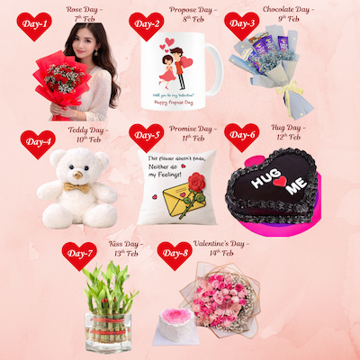 8 day Valentine week gift combo with roses bouquet, chocolates, mug, teddy, cushion, cake, bamboo plant and grand 50 roses bouquet