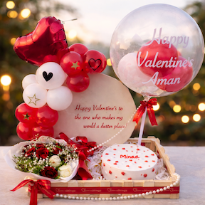 Valentine special gift hamper with fruit cake, red and white rose bouquet, heart balloons and personalized bobo balloon arrangement