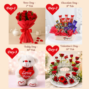 Valentine week combo with red roses bouquet, chocolate basket, love teddy bear and romantic floral arrangement gift set