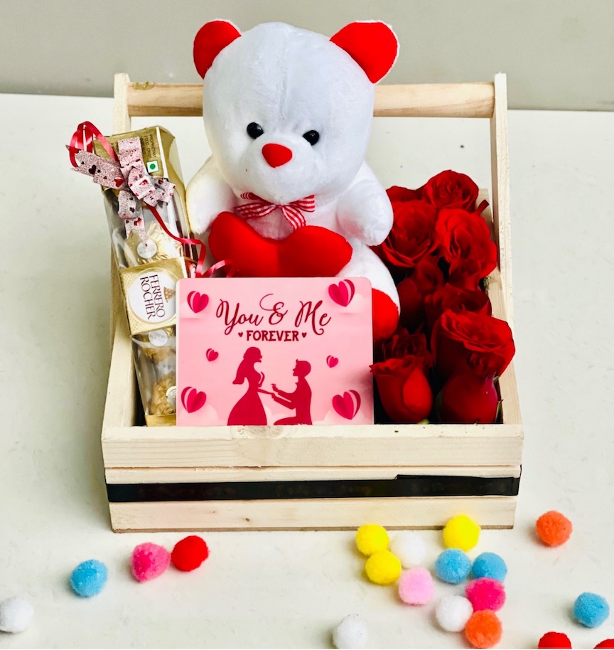 romantic wooden tray hamper with 10 red roses, white teddy with red heart, Ferrero Rocher chocolates and You & Me Forever tabletop gift for Valentine by Send My Feelings